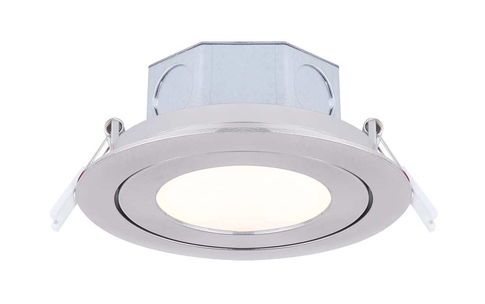 LED Recess Downlight, 4" Brushed Nickel Color Gimbal Trim, 9W Dimmable, 3000K, 500 Lumen