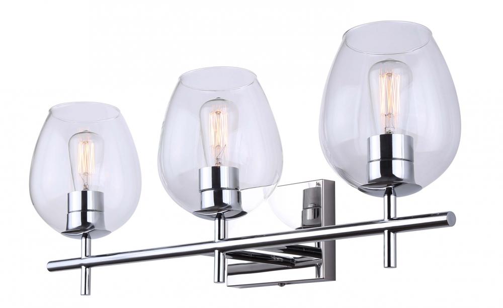 Cain 25 in. 3 Light Chrome Vanity with Clear Glass Shade